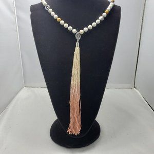 BKE beaded necklace with tassel, silver chain white-off white and brown beads